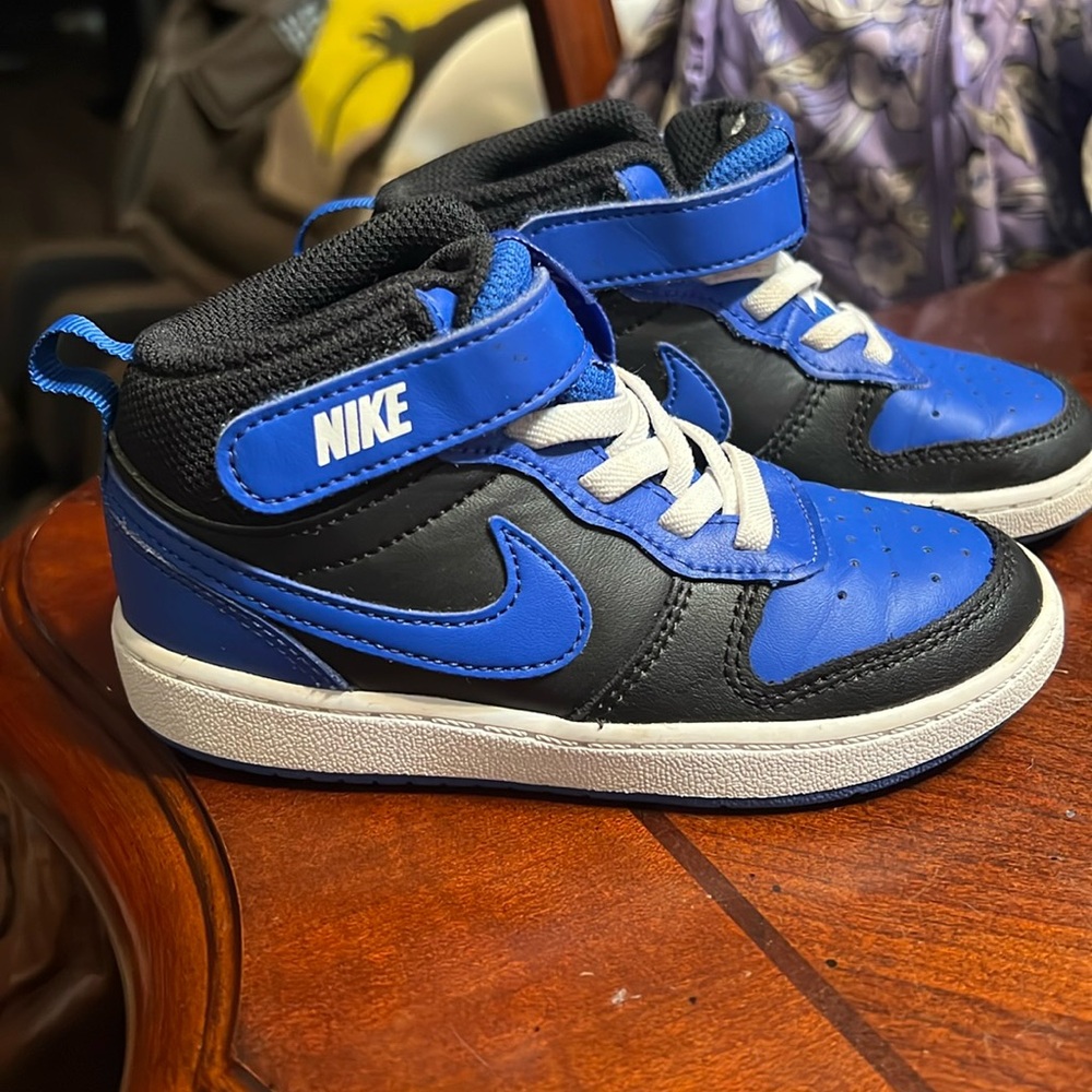 Little boy, size 9C Nike, high top dunks, dark, blue and black